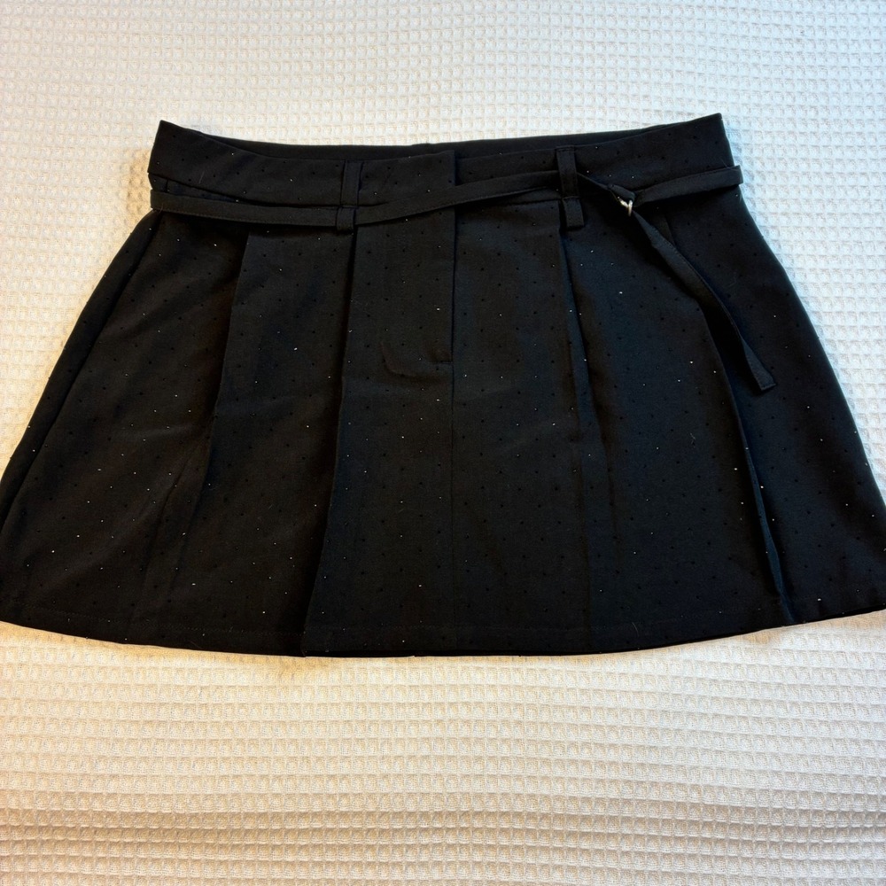 No Boundaries Black Rhinestone Pleated Mini Skirt with Belt Womens Size S 4-6